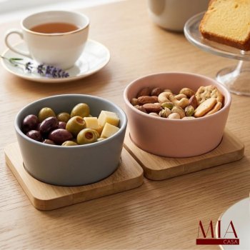 Conjunto Petisqueira 2 Bowls de Cerâmica com Bases de Bambu para Mesa Posta