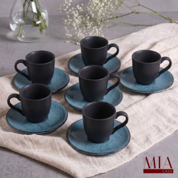 Conjunto Jogo com 6 Xícaras de Café com Pires 120ml Orgânico Stoneware Petroleum Porto Brasil