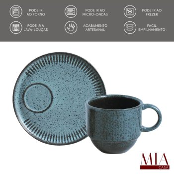 Conjunto Jogo 6 Xícaras Empilháveis c/ Pires 230ml Orgânico Stoneware Petroleum Porto Brasil