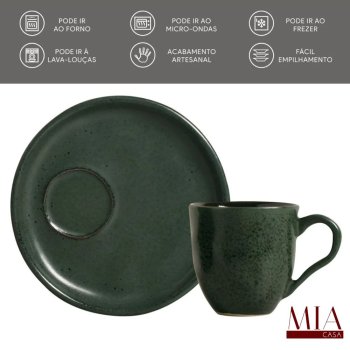 Conjunto Jogo 6 Xícaras de Café c/ Pires 70ml Orgânico Stoneware Araúco/Greenery Porto Brasil