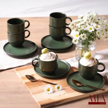 Conjunto Jogo 6 Xícaras c/ Pires Empilháveis 230ml Orgânico Stoneware Araúco/Greenery Porto Brasil