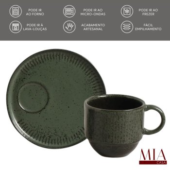 Conjunto Jogo 6 Xícaras c/ Pires Empilháveis 230ml Orgânico Stoneware Araúco/Greenery Porto Brasil