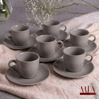 Conjunto Jogo 6 Xícaras de Café c/ Pires 120ml Orgânico Stoneware Shimeji Porto Brasil