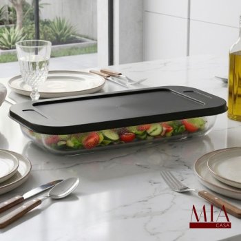 Lasanheira Assadeira Travessa de Vidro Retangular com Tampa Plástica Preta Refratária Média 2,2 Litros para Forno Micro-ondas