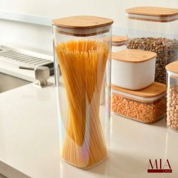 Pote Hermético Acrílico PS Transparente 2 Litros com Tampa de Bambu Porta Mantimentos para Espaguete e Macarrão