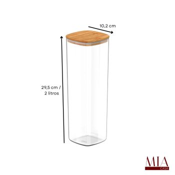 Pote Hermético Acrílico PS Transparente 2 Litros com Tampa de Bambu Porta Mantimentos para Espaguete e Macarrão