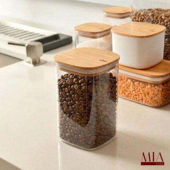 Pote Hermético Acrílico PS Transparente 1 Litro Ou com Tampa de Bambu Porta Mantimentos para Café e Grãos