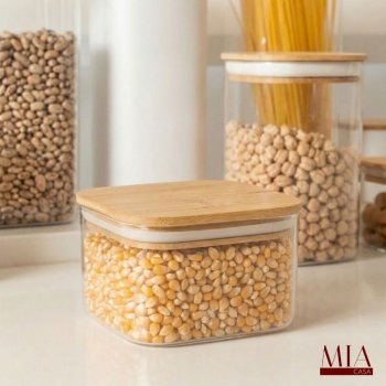 Pote Hermético Acrílico PS Transparente 1 Litro Ou com Tampa de Bambu Quadrado Baixo Porta Mantimentos