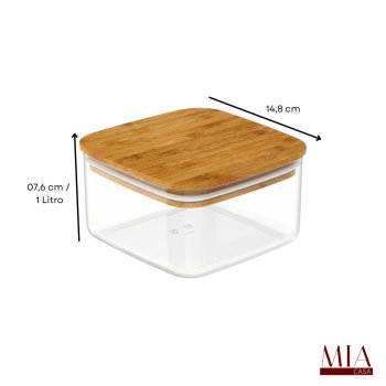 Pote Hermético Acrílico PS Transparente 1 Litro Ou com Tampa de Bambu Quadrado Baixo Porta Mantimentos