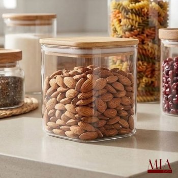 Pote Hermético Acrílico PS Transparente 2,3 Litros Ou com Tampa de Bambu Quadrado Porta Mantimentos para Amêndoas e Grãos