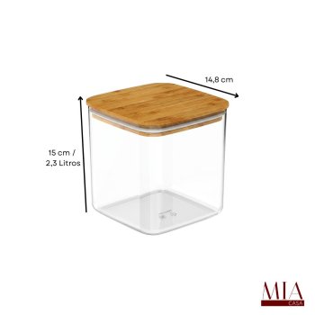 Pote Hermético Acrílico PS Transparente 2,3 Litros Ou com Tampa de Bambu Quadrado Porta Mantimentos para Amêndoas e Grãos