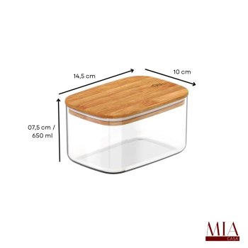 Pote Hermético Acrílico PS Transparente 650ml Ou com Tampa de Bambu Quadrado Baixo Porta Temperos e Grãos