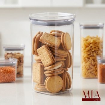 Pote Hermético Acrílico PS Transparente 1,5 Litro Ou Block com Tampa Transparente e Anel de Silicone Porta Mantimentos para Biscoitos e Torradoras